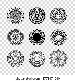 Set of mandalas. Collection of stylized stars and snowflakes isolated in transparent background. Vector round ethnic ornaments. Sketches for tattoo. Architectural decorative details.