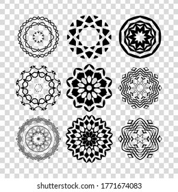Set of mandalas. Collection of stylized stars and snowflakes isolated in transparent background. Vector round ethnic ornaments. Sketches for tattoo. Architectural decorative details.