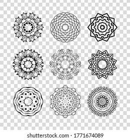 Set of mandalas. Collection of stylized stars and snowflakes isolated in transparent background. Vector round ethnic ornaments. Sketches for tattoo. Architectural decorative details.