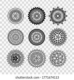 Set of mandalas. Collection of stylized stars and snowflakes isolated in transparent background. Vector round ethnic ornaments. Sketches for tattoo. Architectural decorative details.