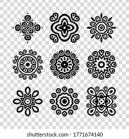 Set of mandalas. Collection of stylized stars and snowflakes isolated in transparent background. Vector round ethnic ornaments. Sketches for tattoo. Architectural decorative details.