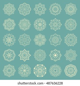 Set of mandalas. Collection of stylized stars and snowflakes on a light blue background. Template for embroidery. Simple design elements. Vector round ethnic ornaments. Sketches for tattoo. 