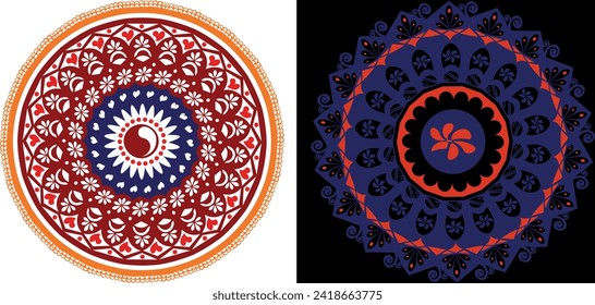 Set of mandalas with colored details and Yin-Yang on a black and white background in vector. Set of colored round patterns in vector
