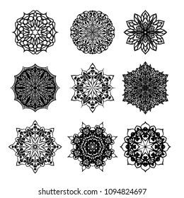 Set of mandalas for coloring book. Decorative round ornaments. Anti-stress therapy patterns. Weave design elements. Yoga logos, backgrounds for meditation poster. Unusual flower shape. Oriental vector