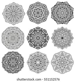 Set of mandalas for coloring book. Decorative round ornaments. Anti-stress therapy patterns. Weave design elements. Backgrounds for meditation poster. Unusual flower shape. Oriental vector
