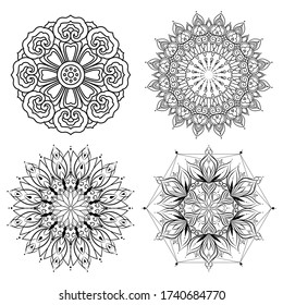 Conjunto de mandalas para colorear aislados sobre fondo blanco. Ornamentos redondos decorativos. Patrones de terapia antiestrés. Diseño del tatuaje de Henna. Logotipos de yoga, antecedentes para carteles de meditación.
