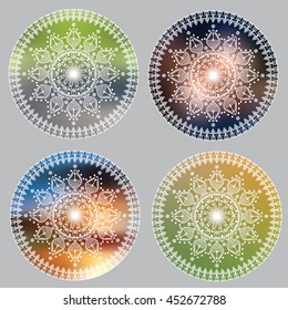 Set of the mandalas for decoration. Hand-drawn ornament with ethnic floral doodle pattern. The white decorative sketches on abstract backgrounds with gradient meshes for poster, print, t-shirt, etc.