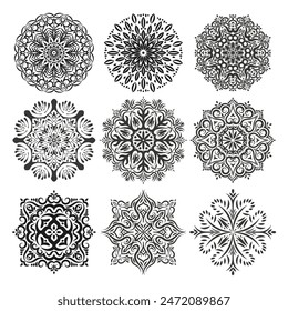 Set of Mandalas. Decorative round ornaments. Anti-stress therapy patterns. Weave design elements for yoga logos, printing, decoration, patterns.