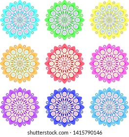 Set of mandalas of different colors, background, vector