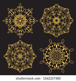 set of mandalas for element of invitation. vintage decorate element. set gold mandalas on black isolated background.