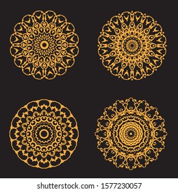 set of mandalas for element of invitation. vintage decorate element. set gold mandalas on black isolated background.