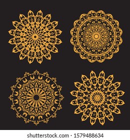set of mandalas for element of invitation. vintage decorate element. set gold mandalas on black isolated background.