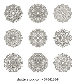 Set of mandalas. Ethnic decorative elements. Islam, Arabic, Indian, ottoman motifs. Boho style. Vector for coloring page for adults