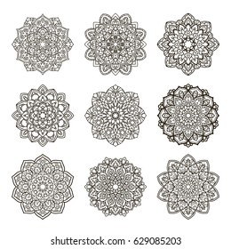 Set of mandalas. Ethnic decorative elements. Islam, Arabic, Indian, ottoman motifs. Boho style. Vector for coloring page for adults