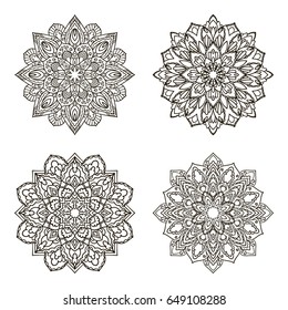 Set of mandalas. Ethnic decorative elements. Islam, Arabic, Indian, ottoman motifs. Boho style. Vector for coloring page for adults