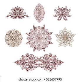 Set of mandalas, lotus and decorative elements for coloring book. Anti-stress therapy patterns. Yoga logos, backgrounds for meditation poster. Oriental vector ornaments.