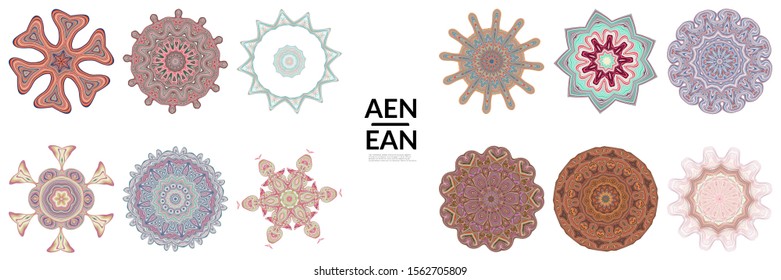 Set of mandalas Made of thin lines. Floral symmetrical geometrical symbol. Vector flower mandala icon isolated on white. Oriental round colored detailed pattern.