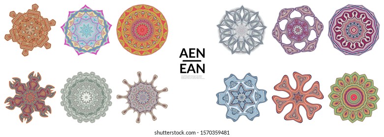 Set of mandalas Made of thin lines. Floral symmetrical geometrical symbol. Vector flower mandala icon isolated on white. Oriental round colored detailed pattern.