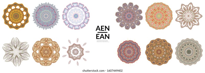 Set of mandalas Made of thin lines. Floral symmetrical geometrical symbol. Vector flower mandala icon isolated on white. Oriental round colored detailed pattern.