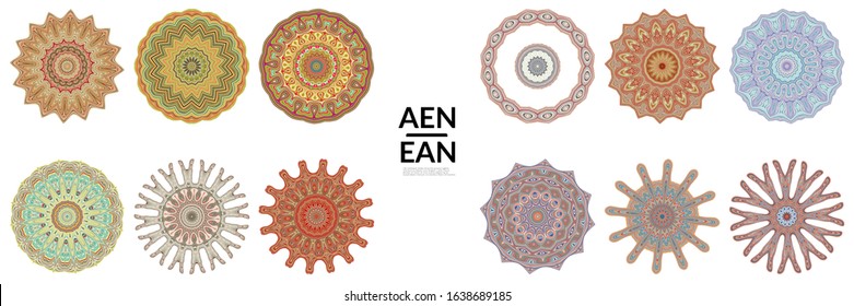 Set of mandalas Made of thin lines. Floral symmetrical geometrical symbol. Vector flower mandala icon isolated on white. Oriental round colored detailed pattern.