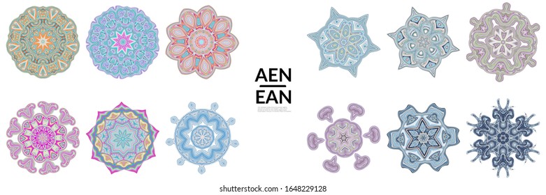 Conjunto de mandalas hecho de líneas delgadas. Símbolo floral simétrico geométrico. Icono de mandala flor vectorial aislado en blanco. Patrón detallado de color oriental redondo.