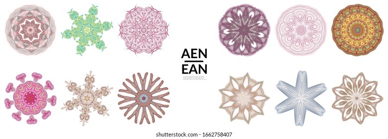 Set of mandalas Made of thin lines. Floral symmetrical geometrical symbol. Vector flower mandala icon isolated on white. Oriental round colored detailed pattern.