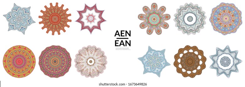 Conjunto de mandalas hecho de líneas delgadas. Símbolo floral simétrico geométrico. Icono de mandala flor vectorial aislado en blanco. Patrón detallado de color oriental redondo.