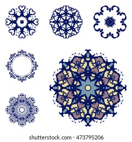 Set of mandalas on isolated background. Graphic templates for floral design, decorative element in arabic, ottoman, indian style. Anti-stress therapy patterns. Yoga logos. Oriental snowflakes vector.