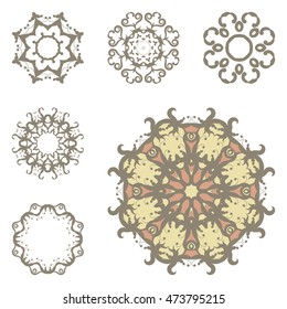 Set of mandalas on isolated background. Graphic templates for floral design, decorative element in arabic, ottoman, indian style. Anti-stress therapy patterns. Yoga logos. Oriental snowflakes vector.