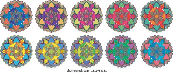 Set of mandalas patterns in many colors illustration