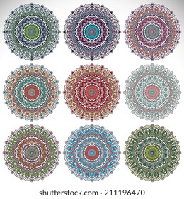 Set mandalas. Round Ornament Pattern. Vintage decorative elements. Hand drawn background. Islam, Arabic, Indian, ottoman motifs.