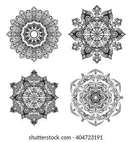 Set Mandalas. Round Ornament Pattern. Geometric circle element made in vector. Spiritual and ritual symbol of Islam, Arabic, Indian religions.  Oriental motifs.   