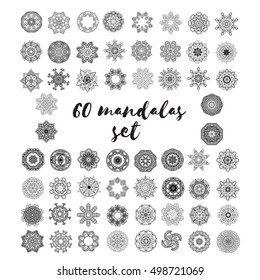 Set of mandalas. Sixty round ornaments. Lace patterns. Mandala design.Can be used for antisteress coloring book, mehndi tattoo. Elements for your design. Vector art