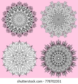 Set of mandalas. Symmetry round flower patterns. Black and white circle decorative elements in vector for design. 