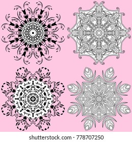 Set of mandalas. Symmetry round flower patterns. Black and white circle decorative elements in vector for design. 