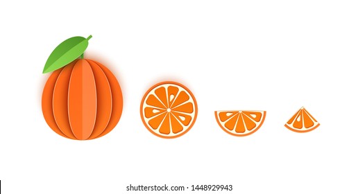 Set of mandarin sliced paper citrus fruit sliced whole, triangular and round slices, design for any purpose. Summer citrus, juicy food. Vector 3d map illustration. Tropical paper layers of fruit