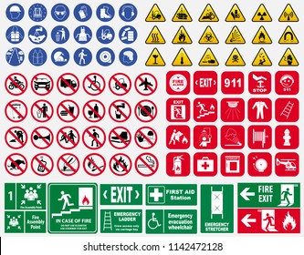 set of mandatory sign, hazard sign, prohibited sign, fire emergency sign. for sticker, posters, and other material printing. 
