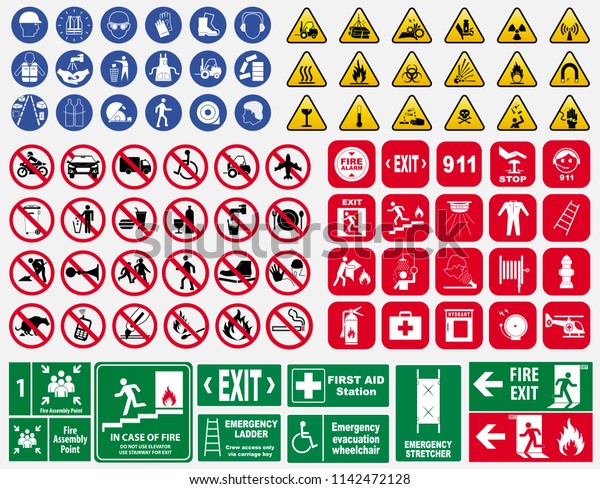 set of mandatory sign, hazard sign, prohibited sign,
fire emergency sign. for sticker, posters, and other material
printing. 
