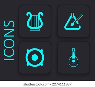 Set Mandolin, Ancient Greek lyre, Triangle musical instrument and Stereo speaker icon. Black square button. Vector