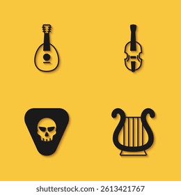 Set Mandolin, Ancient Greek lyre, Guitar pick and Violin icon with long shadow. Vector