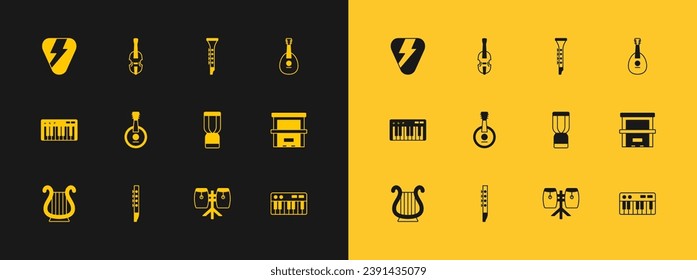 Set Mandolin, Flute, African djembe drum, Conga drums, Banjo, Clarinet, Guitar pick and Violin icon. Vector