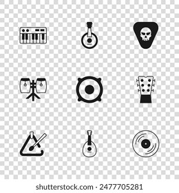 Set Mandolin, Guitar neck, Vinyl disk, Stereo speaker, pick, Music synthesizer, Banjo and Conga drums icon. Vector
