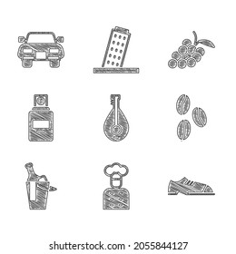 Set Mandolin, Italian cook, Men shoes, Coffee beans, Bottle wine bucket, Perfume, Grape fruit and Car icon. Vector