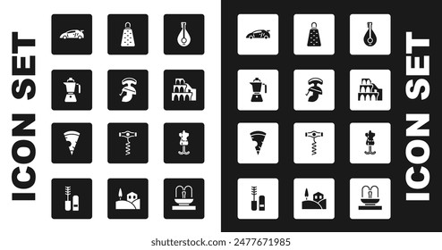 Set Mandolin, Roman army helmet, Coffee moca pot, Sport racing car, Coliseum Rome, Grater, Mannequin and Slice pizza icon. Vector