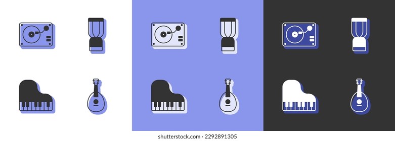Set Mandolin, Vinyl player with vinyl disk, Grand piano and African djembe drum icon. Vector
