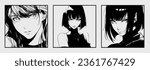 Set of manga comic frames with dark-haired anime woman on a white background isolated.