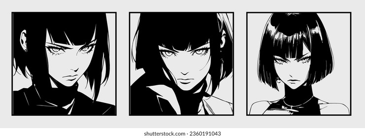 Set of manga comic frames with dark-haired anime woman on a white background isolated.