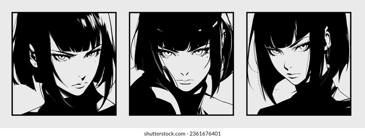 Set of manga comic frames with dark-haired anime woman on a white background isolated.
