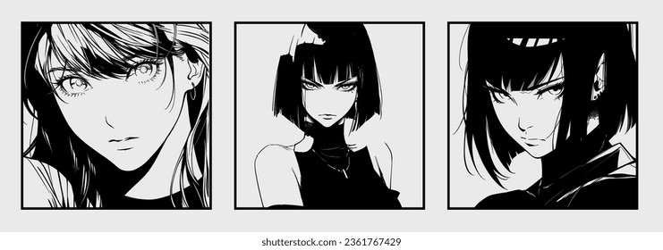 Set of manga comic frames with dark-haired anime woman on a white background isolated.