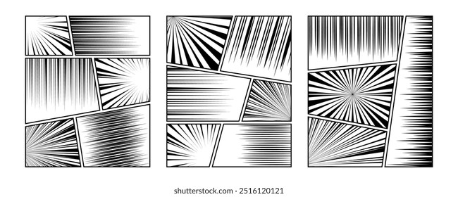Conjunto de línea de velocidad de movimiento de cómic manga, zoom y fondo de efectos de movimiento. Ilustración vectorial de Plantilla de marco negro de explosión de flash de luz radial de anime.